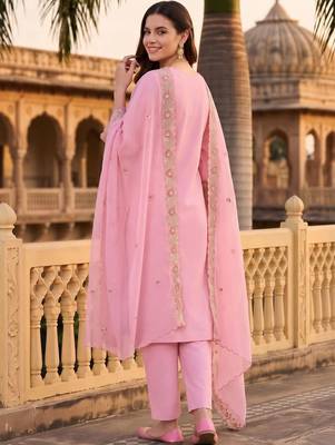 women ethnic motifs embroidered regular thread work cotton kurta with trousers & with dupatta 4