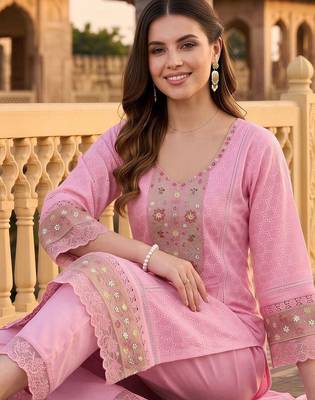 women ethnic motifs embroidered regular thread work cotton kurta with trousers & with dupatta 5