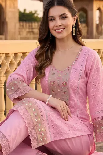 women ethnic motifs embroidered regular thread work cotton kurta with trousers & with dupatta