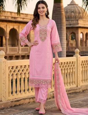 women ethnic motifs embroidered regular thread work cotton kurta with trousers & with dupatta 6