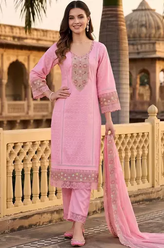 women ethnic motifs embroidered regular thread work cotton kurta with trousers & with dupatta