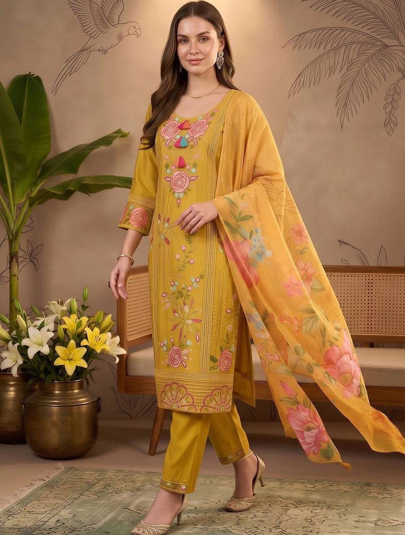 women floral embroidered regular thread work kurta with trousers & with dupatta