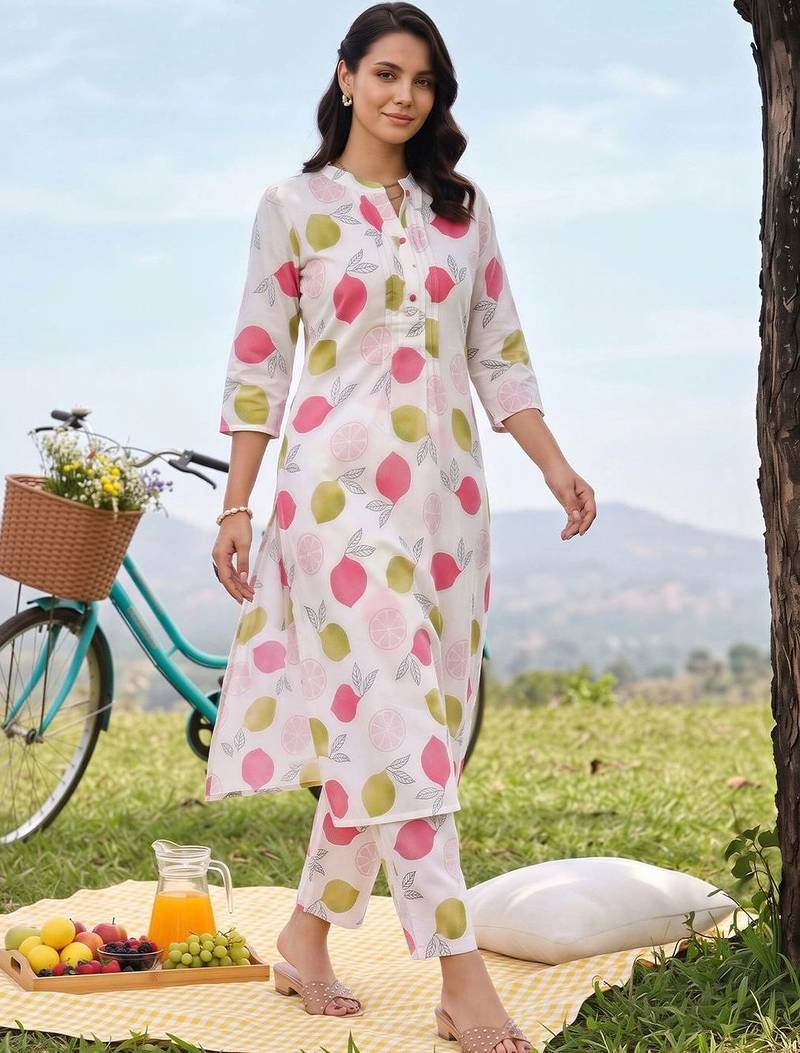 women ethnic motifs printed regular cotton kurta with trousers