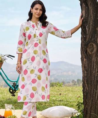women ethnic motifs printed regular cotton kurta with trousers 6