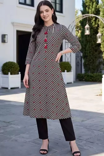 women printed regular cotton kurta with trousers