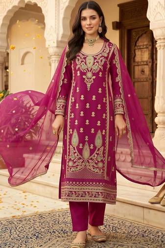women ethnic motifs embroidered regular kurta with trousers & with dupatta