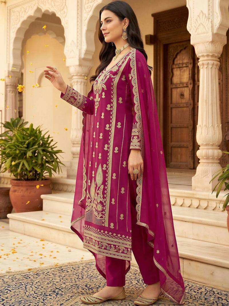 women ethnic motifs embroidered regular kurta with trousers & with dupatta