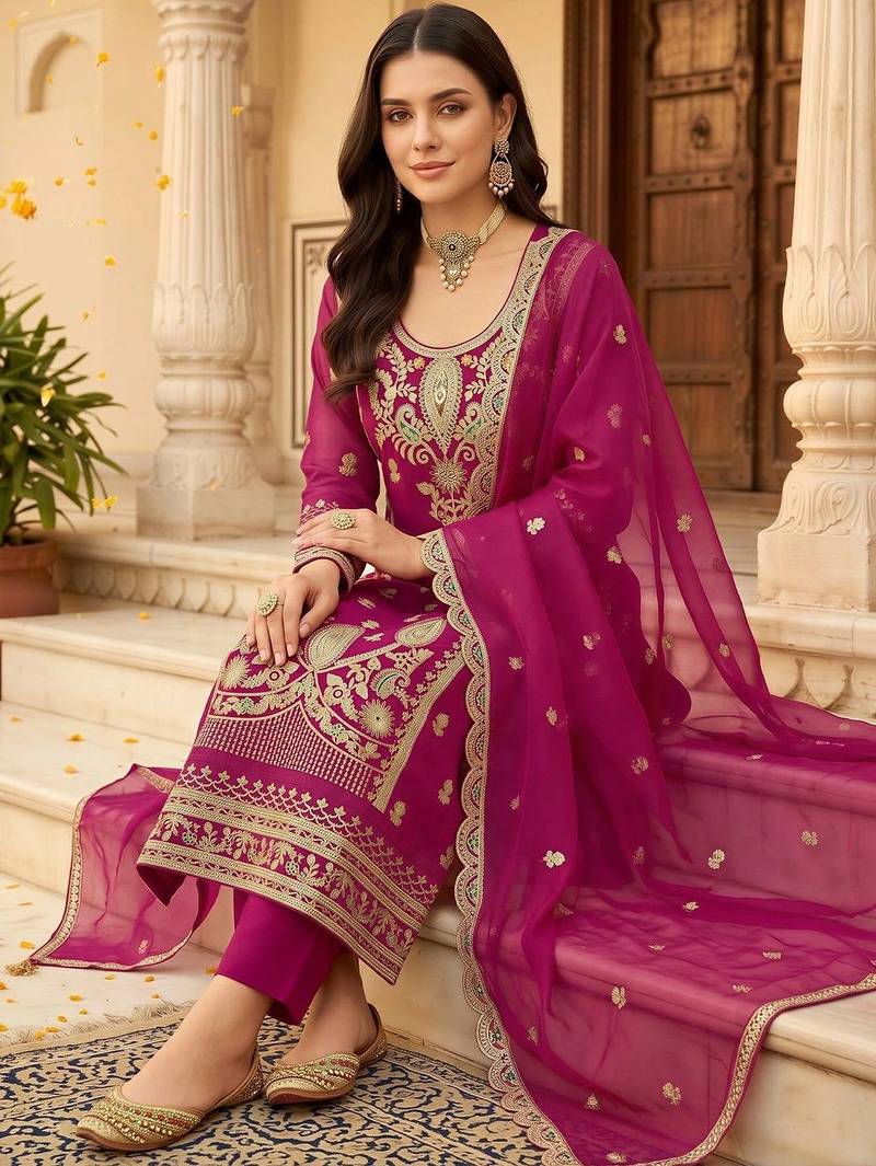 women ethnic motifs embroidered regular kurta with trousers & with dupatta