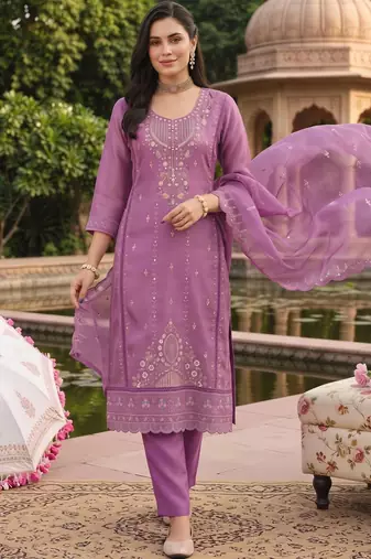 women ethnic motifs embroidered regular thread work kurta with trousers & with dupatta