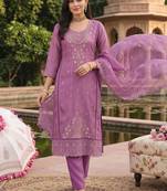 women ethnic motifs embroidered regular thread work kurta with trousers & with dupatta