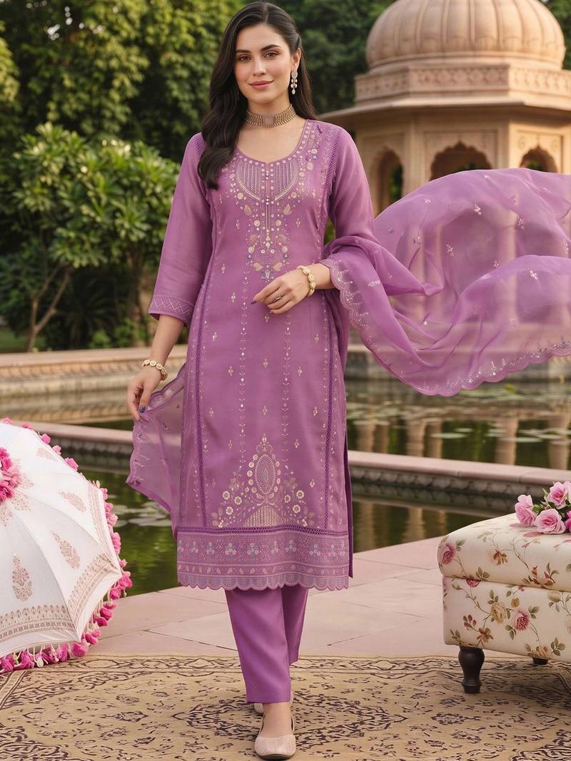 women ethnic motifs embroidered regular thread work kurta with trousers & with dupatta