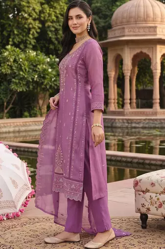women ethnic motifs embroidered regular thread work kurta with trousers & with dupatta