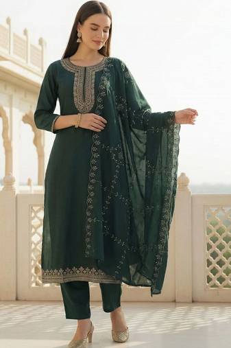 women ethnic motifs embroidered regular thread work kurta with trousers & with dupatta