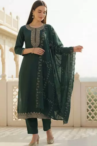 women ethnic motifs embroidered regular thread work kurta with trousers & with dupatta