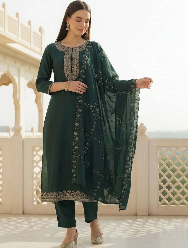 women ethnic motifs embroidered regular thread work kurta with trousers & with dupatta