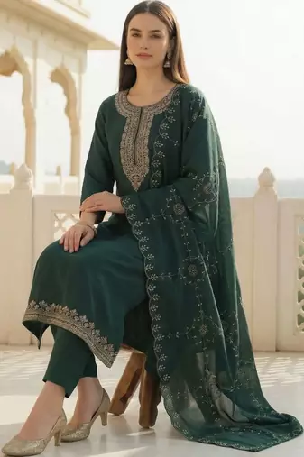 women ethnic motifs embroidered regular thread work kurta with trousers & with dupatta