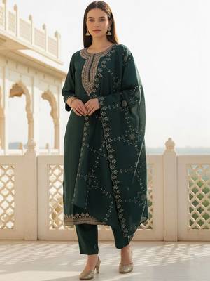 women ethnic motifs embroidered regular thread work kurta with trousers & with dupatta 5