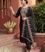 women ethnic motifs embroidered regular liva kurta with trousers & with dupatta