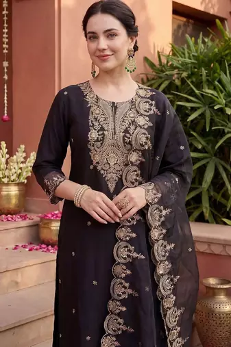 women ethnic motifs embroidered regular liva kurta with trousers & with dupatta