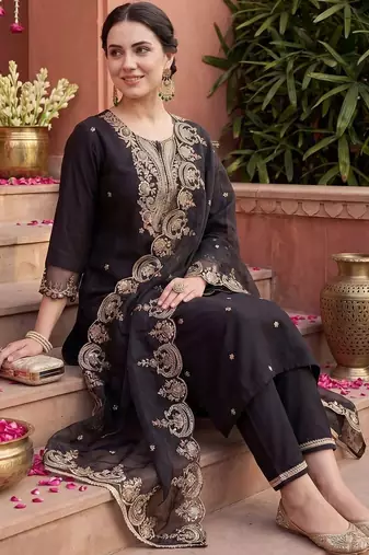 women ethnic motifs embroidered regular liva kurta with trousers & with dupatta