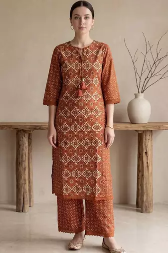 women ethnic motifs printed regular cotton kurta with palazzos