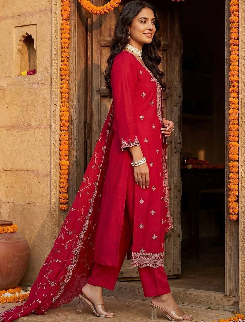 women ethnic motifs embroidered regular thread work kurta with trousers & with dupatta