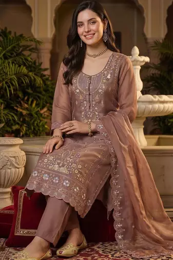 women ethnic motifs embroidered regular thread work kurta with trousers & with dupatta