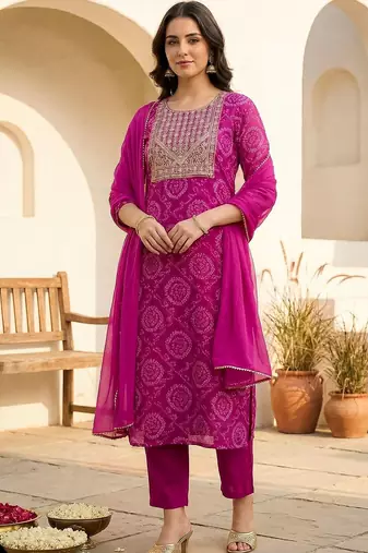 women ethnic motifs printed regular kurta with trousers & with dupatta