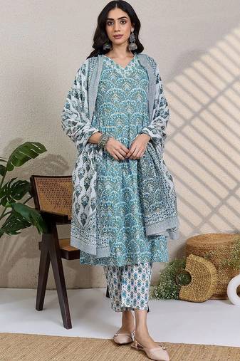 women ethnic motifs printed regular cotton kurta with trousers & with dupatta