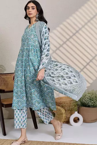 women ethnic motifs printed regular cotton kurta with trousers & with dupatta