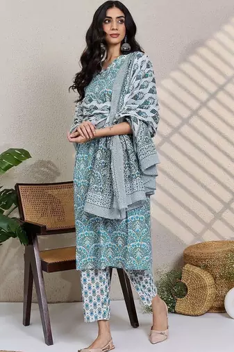 women ethnic motifs printed regular cotton kurta with trousers & with dupatta