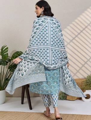 women ethnic motifs printed regular cotton kurta with trousers & with dupatta 7
