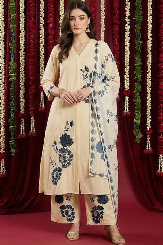 women floral printed regular kurta with palazzos & with dupatta