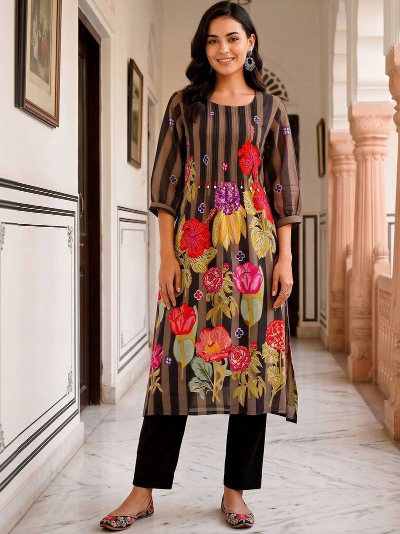 women floral printed regular cotton kurta with trousers