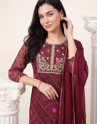 women ethnic motifs printed regular thread work kurta with trousers & with dupatta 2