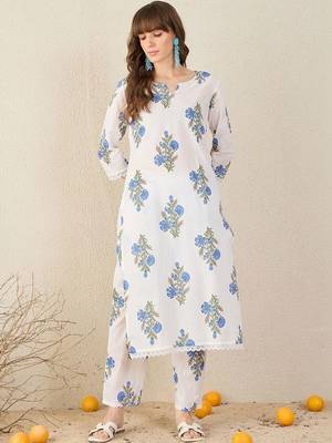 women floral printed regular cotton kurta with trousers 1