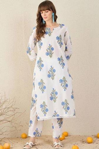 women floral printed regular cotton kurta with trousers