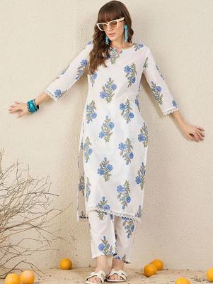 women floral printed regular cotton kurta with trousers 3
