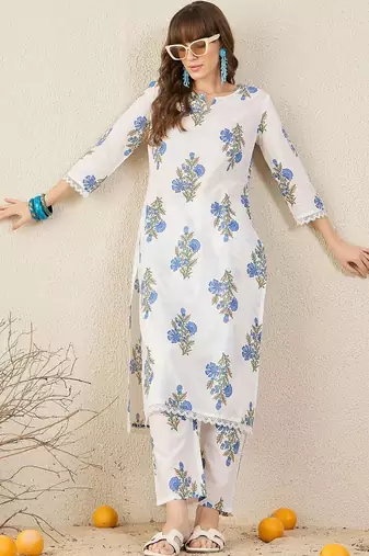 women floral printed regular cotton kurta with trousers