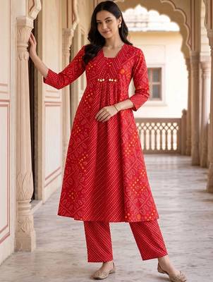 women ethnic motifs printed empire cotton kurta with trousers 1