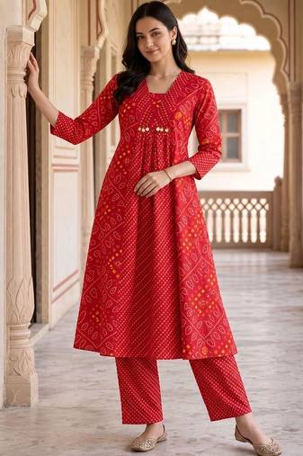 women ethnic motifs printed empire cotton kurta with trousers