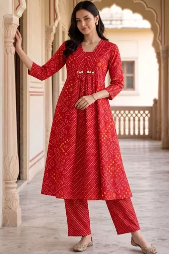 women ethnic motifs printed empire cotton kurta with trousers