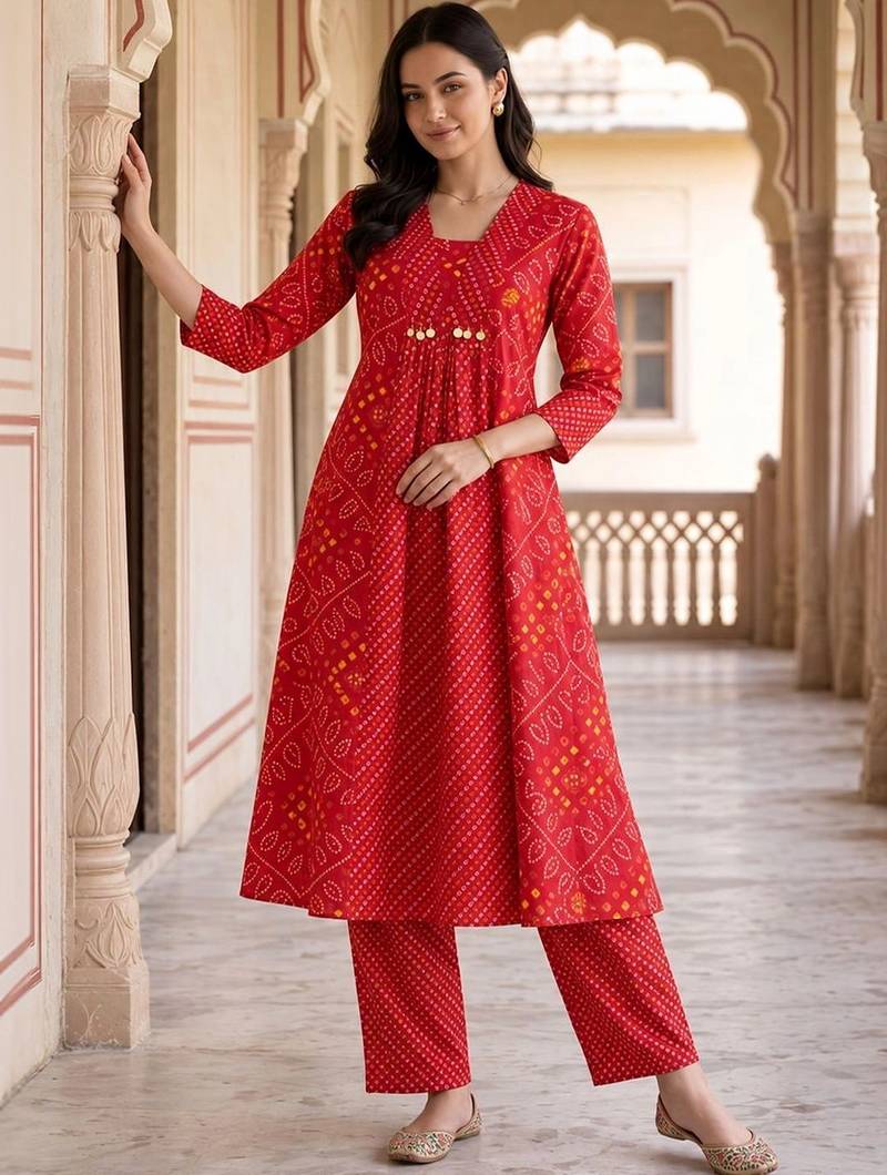 women ethnic motifs printed empire cotton kurta with trousers