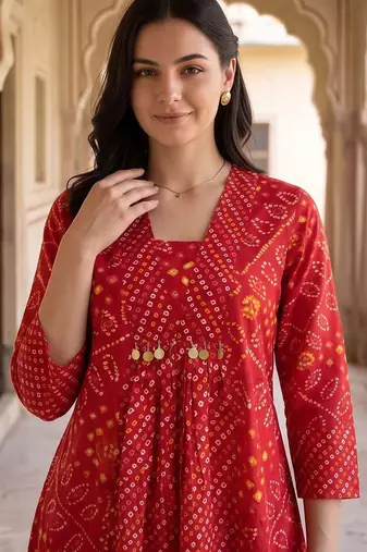 women ethnic motifs printed empire cotton kurta with trousers