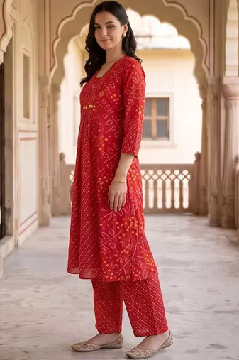 women ethnic motifs printed empire cotton kurta with trousers