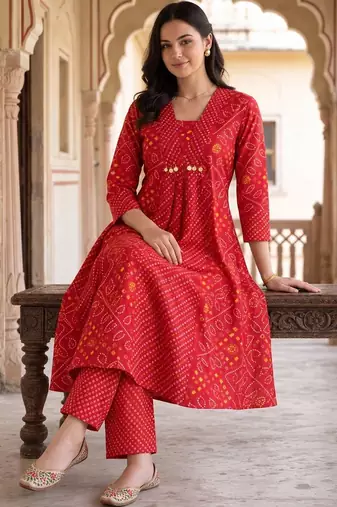 women ethnic motifs printed empire cotton kurta with trousers