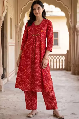 women ethnic motifs printed empire cotton kurta with trousers