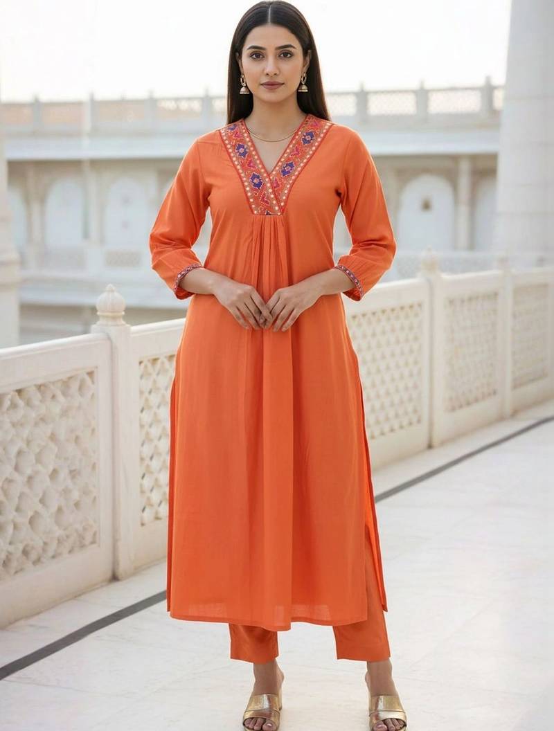women ethnic motifs embroidered regular mirror work liva kurta with trousers