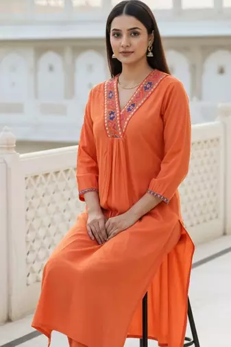 women ethnic motifs embroidered regular mirror work liva kurta with trousers
