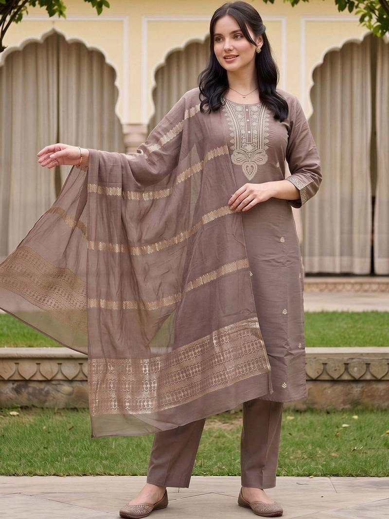 women ethnic motifs embroidered regular thread work kurta with trousers & with dupatta